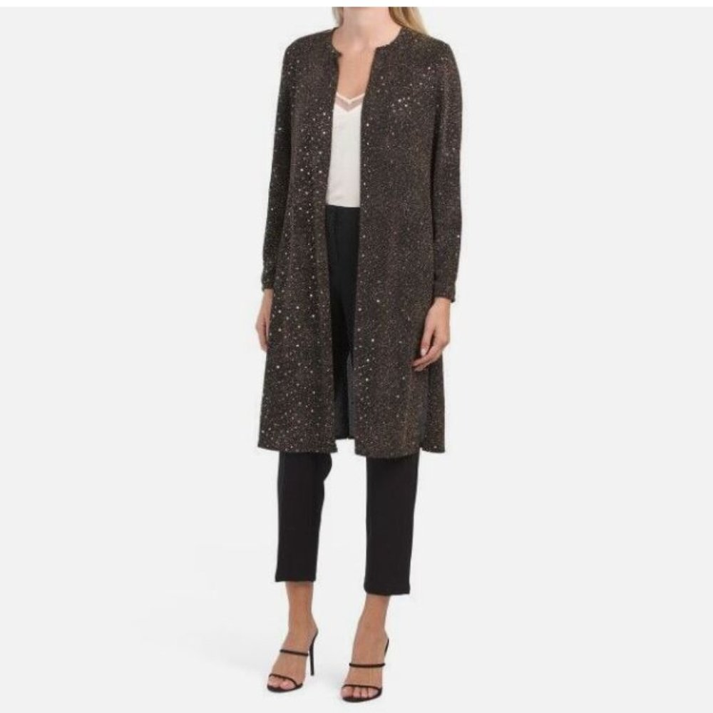 NWT Anne Klein Metallic Stardust Sequin Long Duster Jacket, size S, black/gold